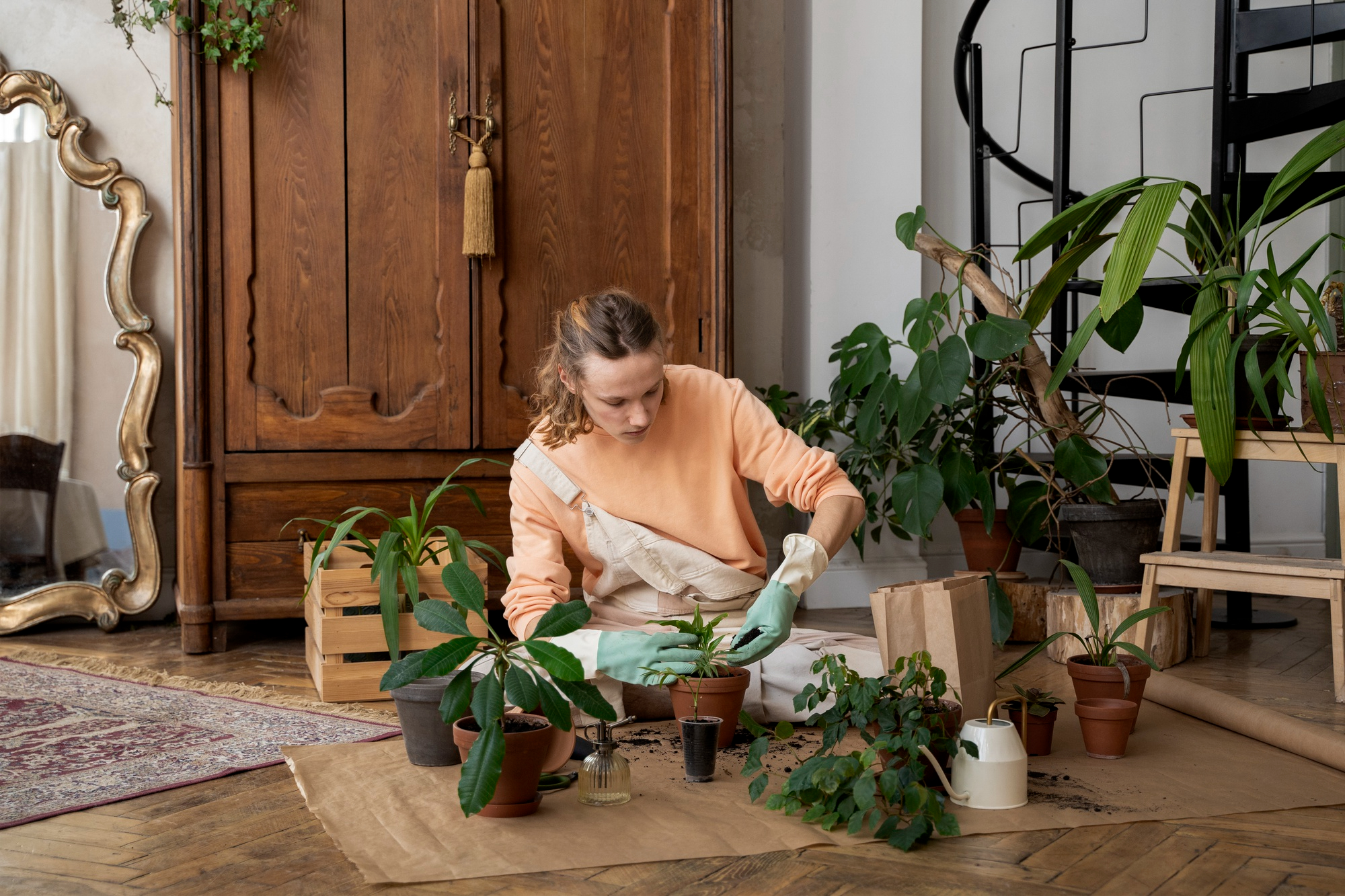 How to use greenery to enhance a room with brown furniture